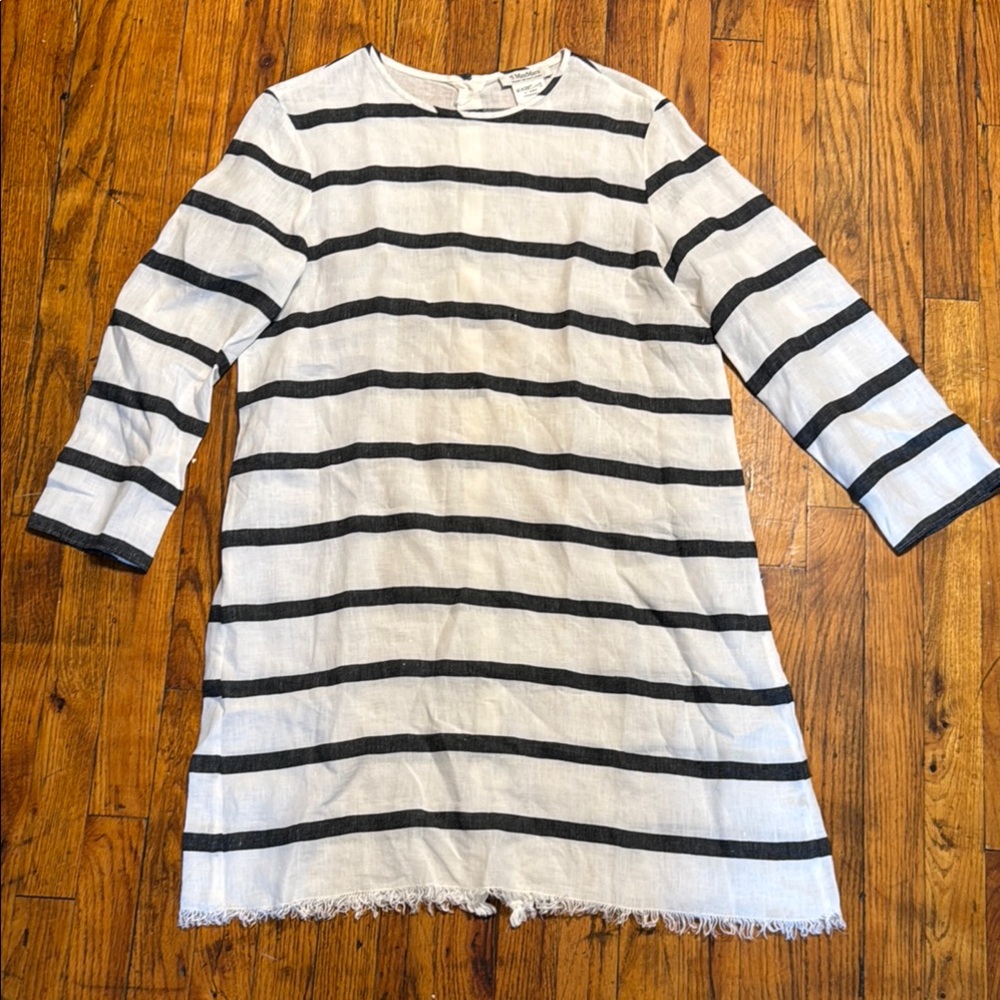 MAXMARA Women's‎ 100% Linen Navy Blue Cream Nautical Striped Midi Dress Size 8